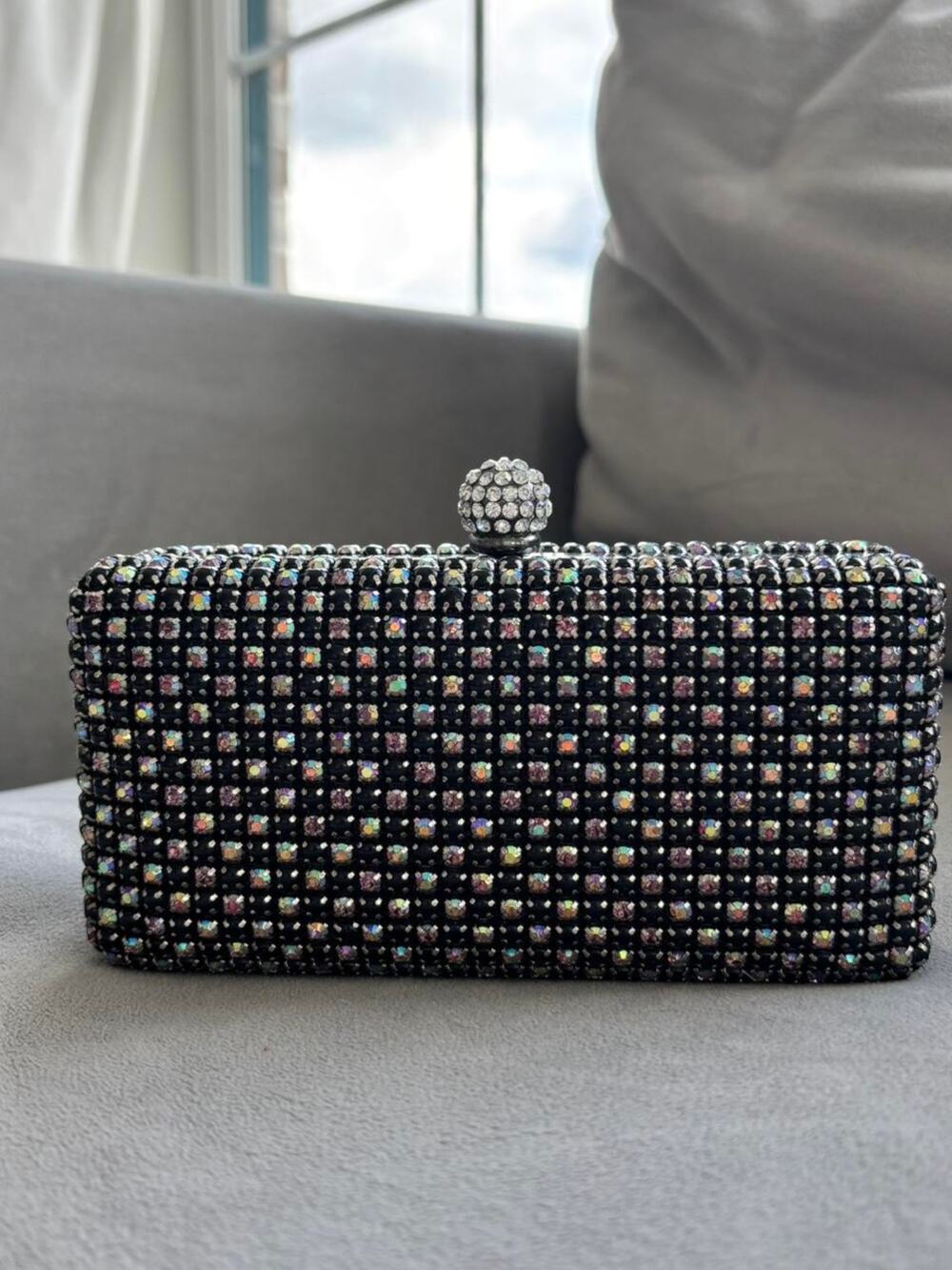 bebe Black AB Rhinestone Hard Case Evening Clutch Crystal Purse Bag Y2K Style